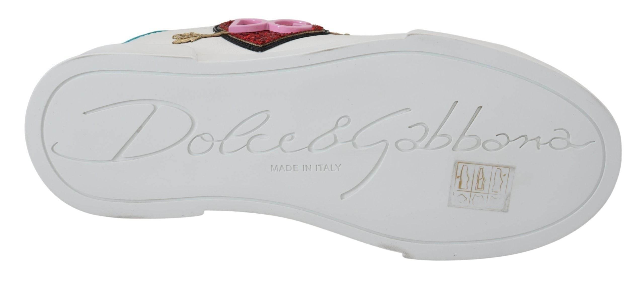Dolce & Gabbana White Leather Sneaker Portofino Logo Heart Shoes - Hilstor