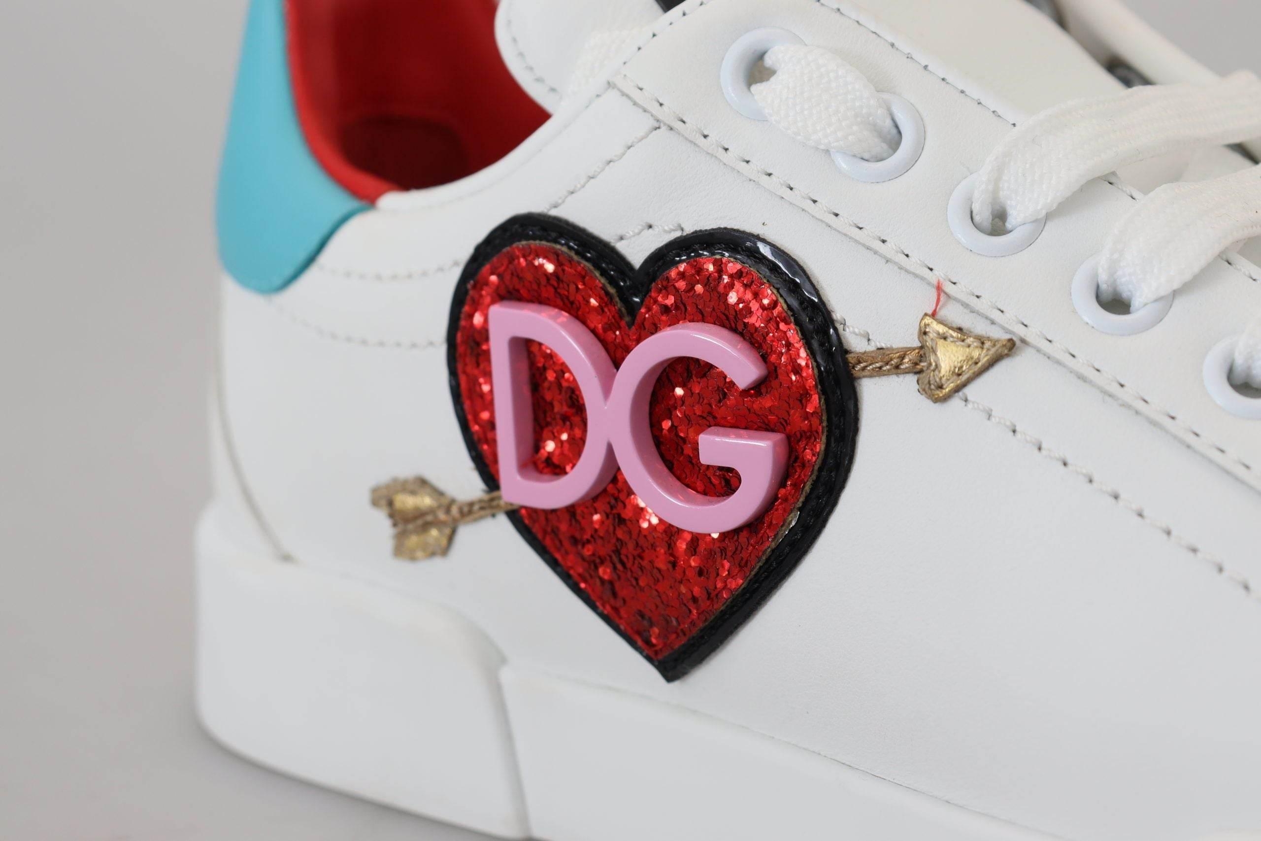 Dolce & Gabbana White Leather Sneaker Portofino Logo Heart Shoes - Hilstor