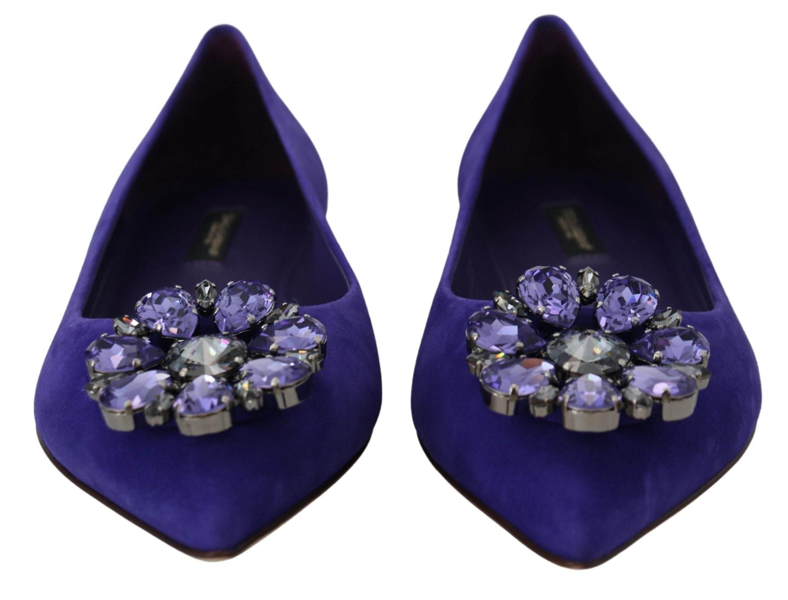 Dolce & Gabbana Embellished Crystal Purple Suede Flats - Hilstor