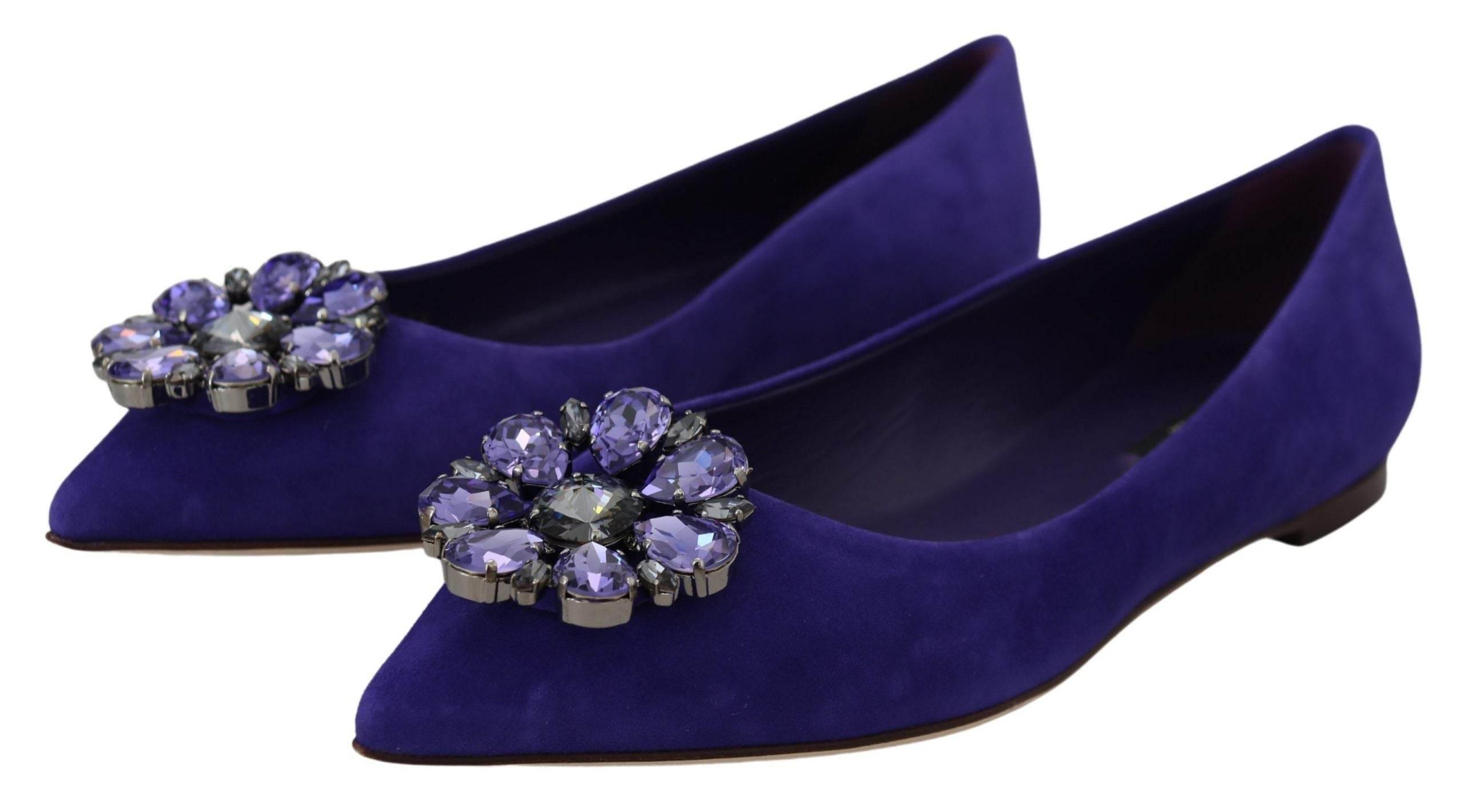 Dolce & Gabbana Embellished Crystal Purple Suede Flats - Hilstor