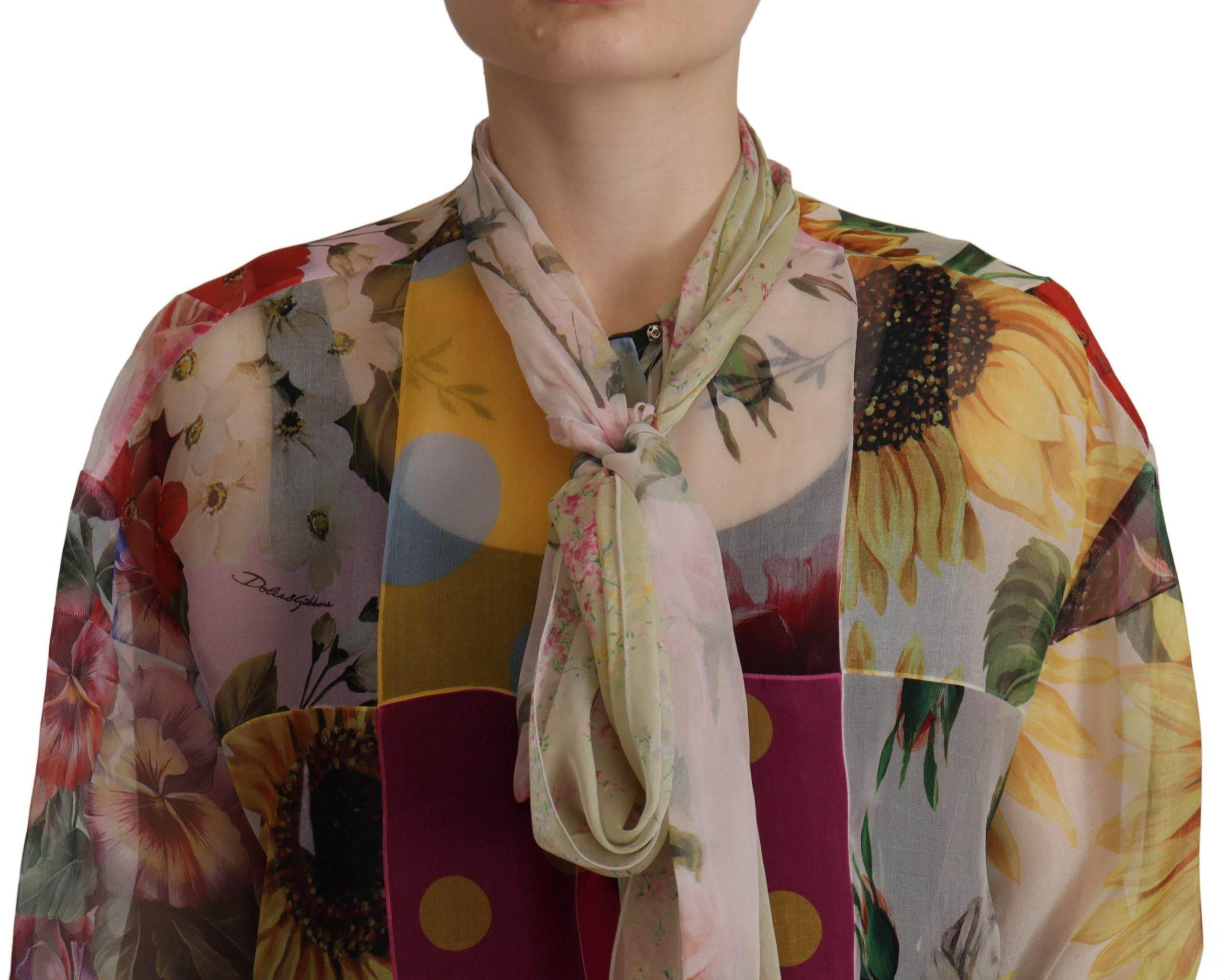 Dolce & Gabbana Multicolor Ascot Collar Patchwork Blouse Top - Hilstor