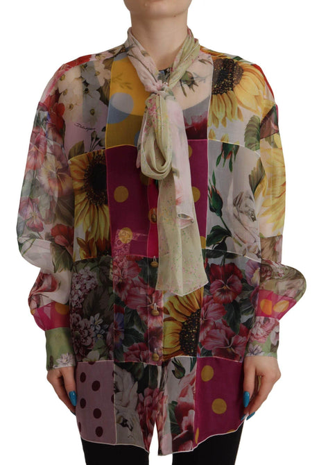 Dolce & Gabbana Multicolor Ascot Collar Patchwork Blouse Top - Hilstor
