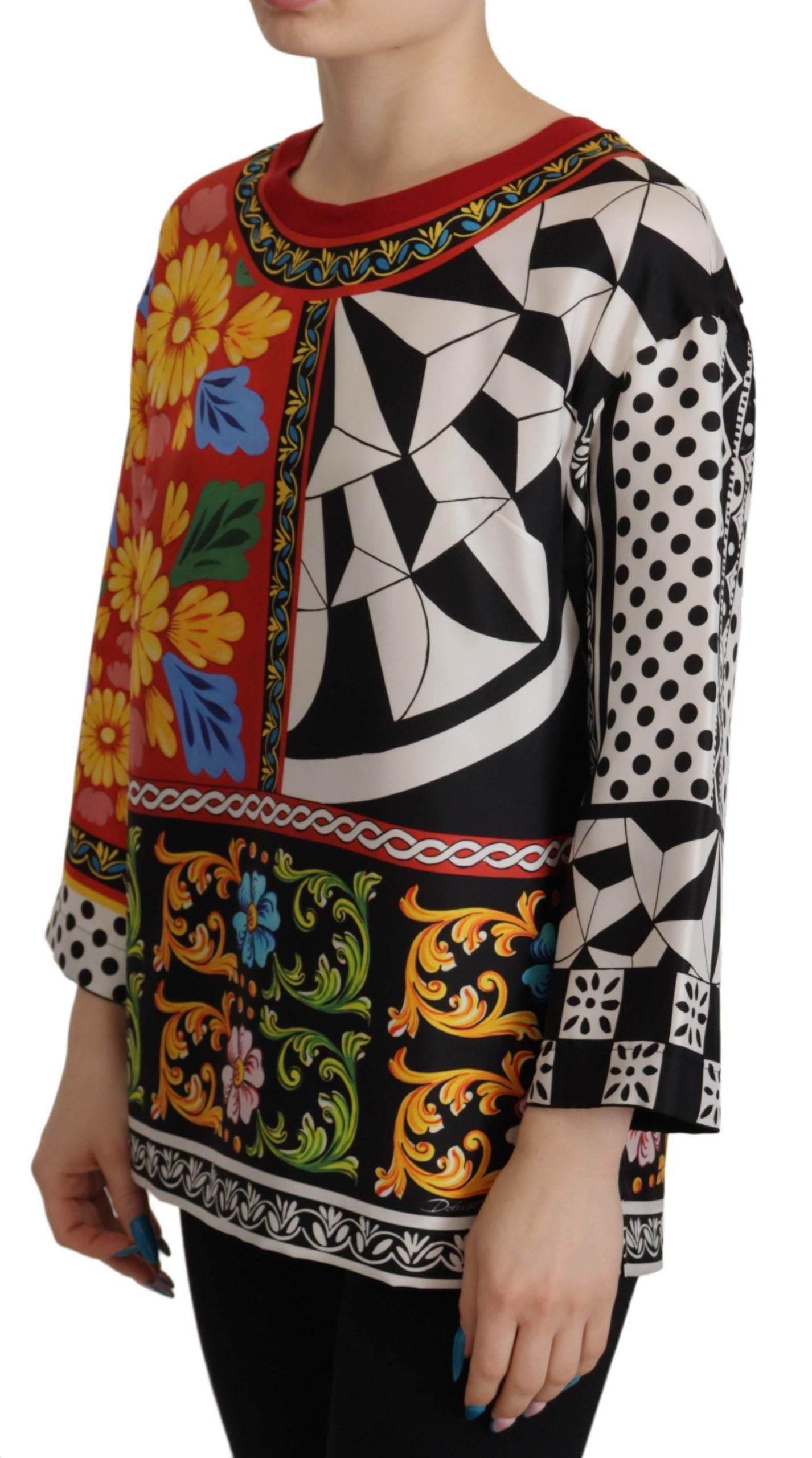 Dolce & Gabbana Silk Baroque Floral Round Neck Blouse - Hilstor