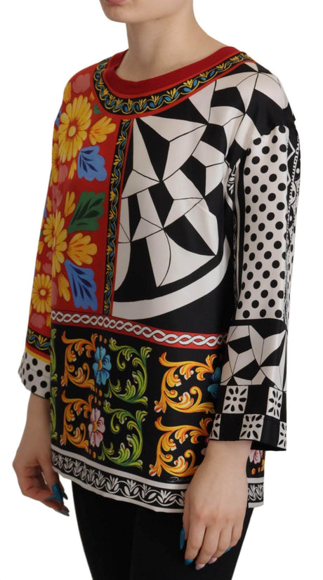 Dolce & Gabbana Silk Baroque Floral Round Neck Blouse - Hilstor
