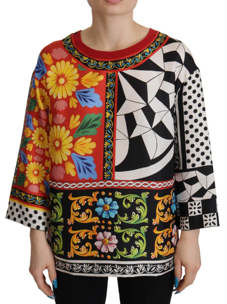 Dolce & Gabbana Silk Baroque Floral Round Neck Blouse - Hilstor