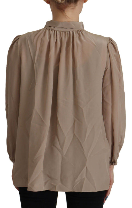 Dolce & Gabbana Brown Waistband Sleeves Ascot Collar Top Blouse - Hilstor
