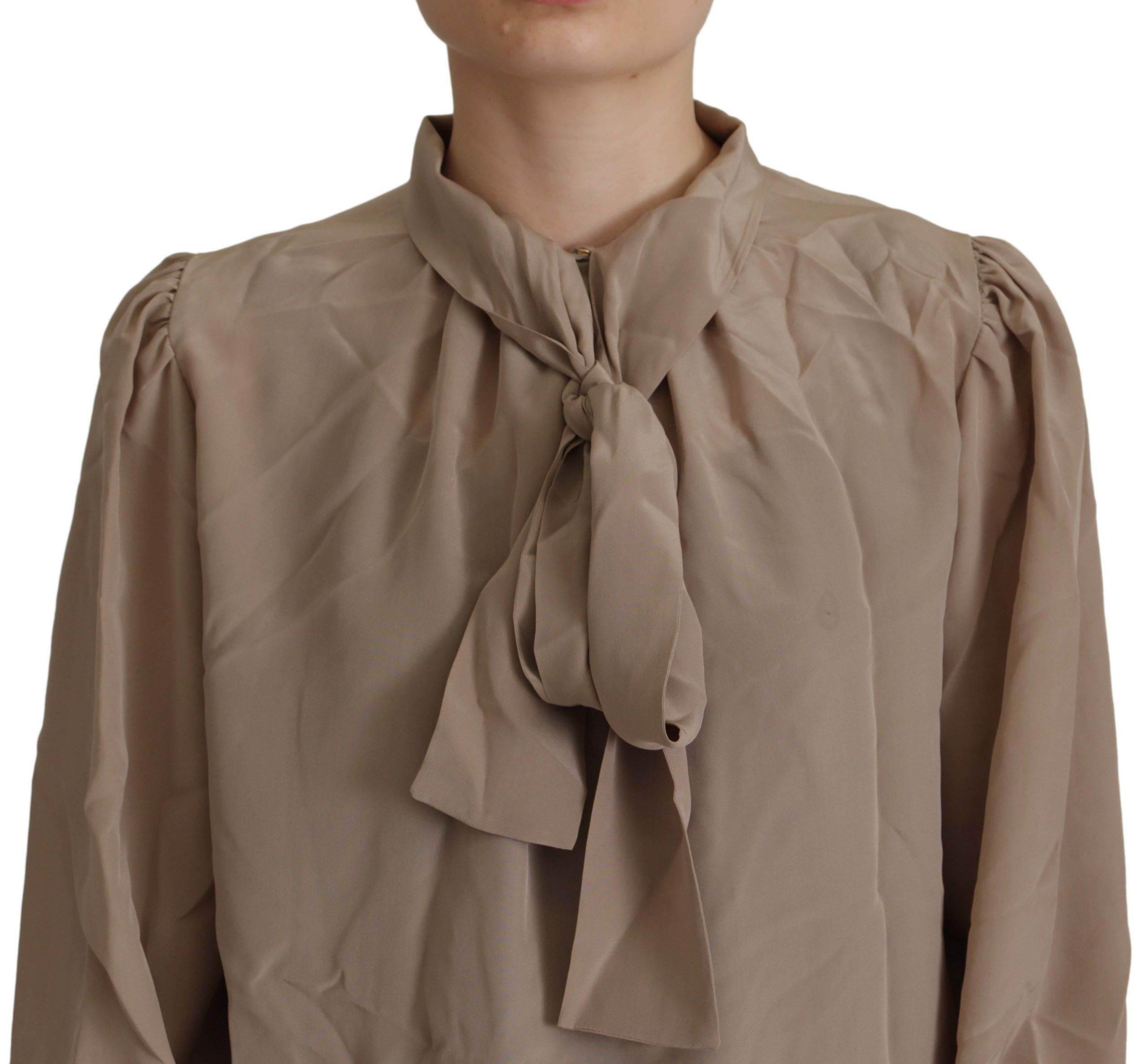 Dolce & Gabbana Brown Waistband Sleeves Ascot Collar Top Blouse - Hilstor