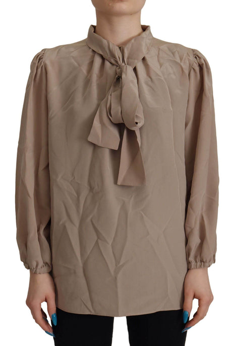 Dolce & Gabbana Brown Waistband Sleeves Ascot Collar Top Blouse - Hilstor