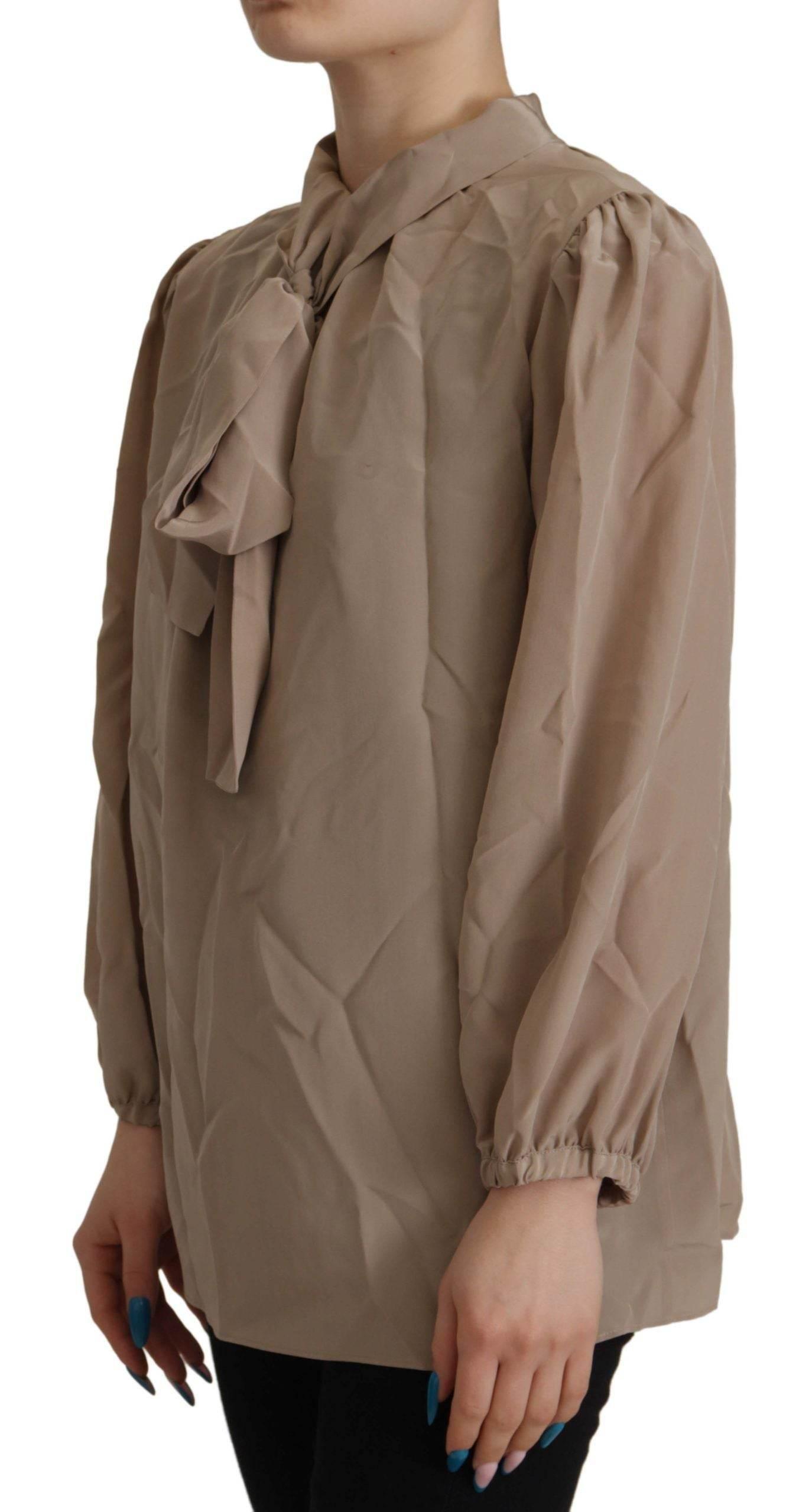 Dolce & Gabbana Brown Waistband Sleeves Ascot Collar Top Blouse - Hilstor