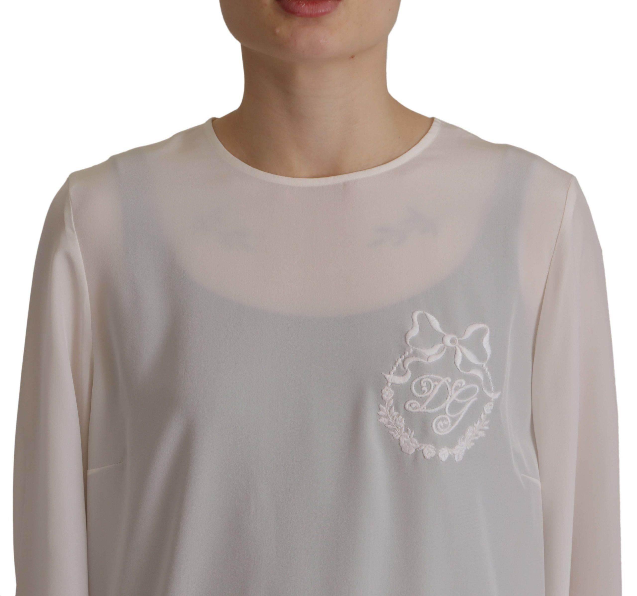 Dolce & Gabbana White Silk DG Logo Embroidered Long Sleeves Blouse - Hilstor