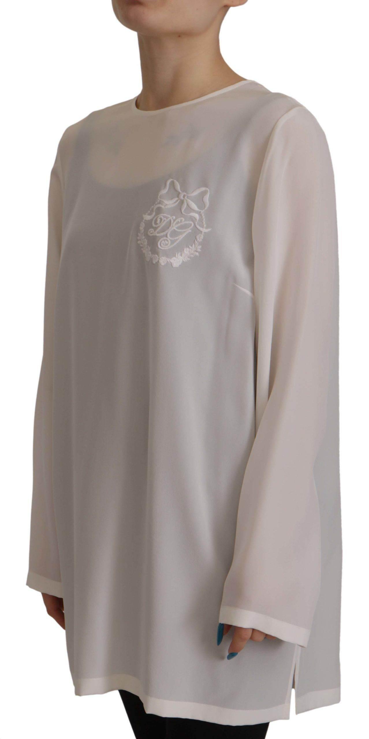 Dolce & Gabbana White Silk DG Logo Embroidered Long Sleeves Blouse - Hilstor