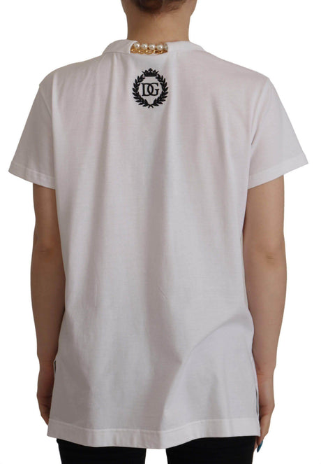 Dolce & Gabbana White Necklace Embellished Neckline T-shirt Top - Hilstor