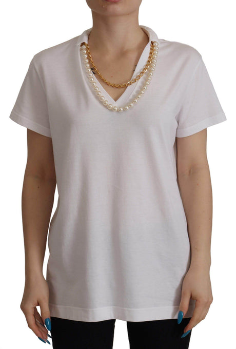 Dolce & Gabbana White Necklace Embellished Neckline T-shirt Top - Hilstor