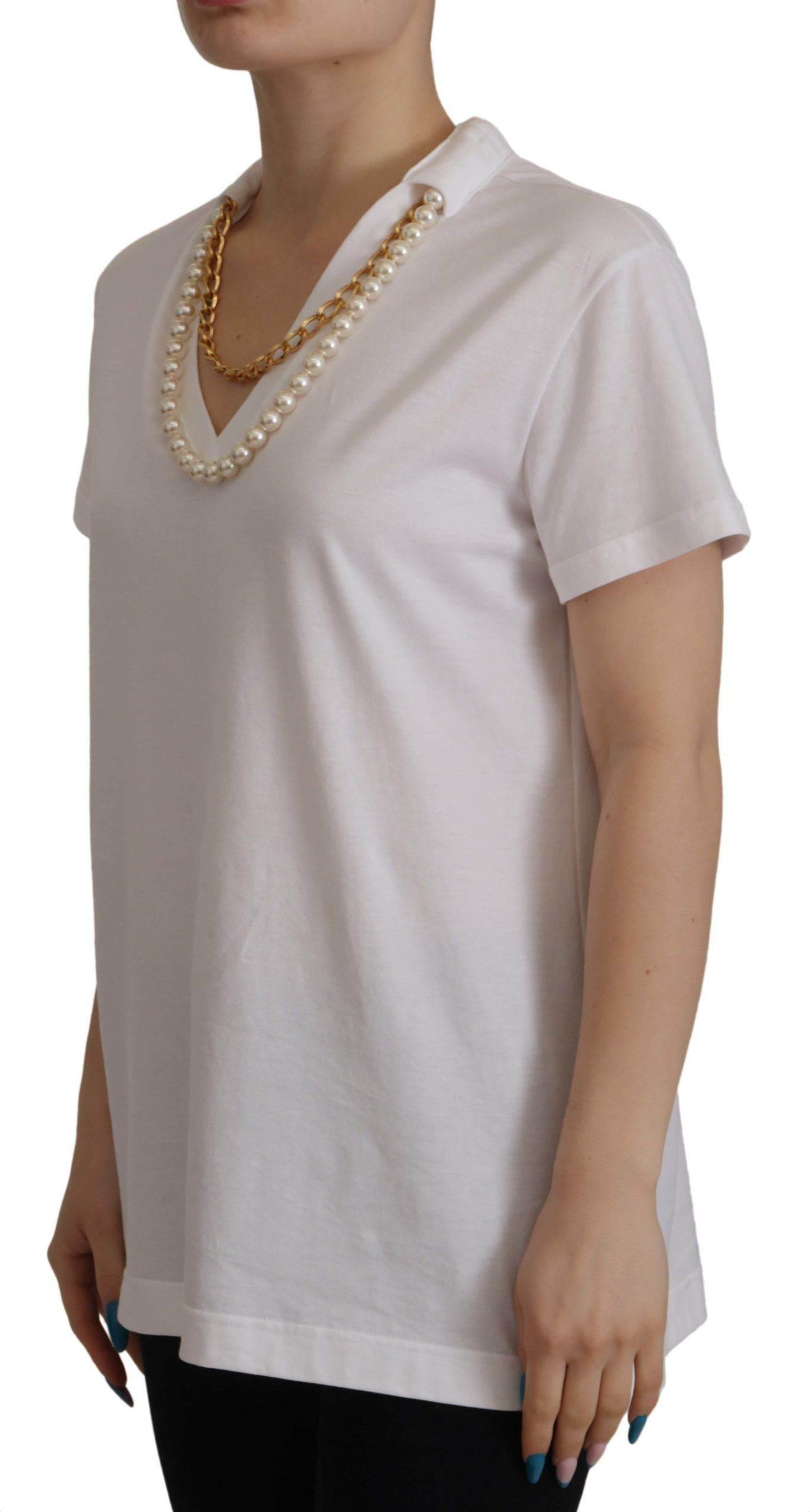 Dolce & Gabbana White Necklace Embellished Neckline T-shirt Top - Hilstor