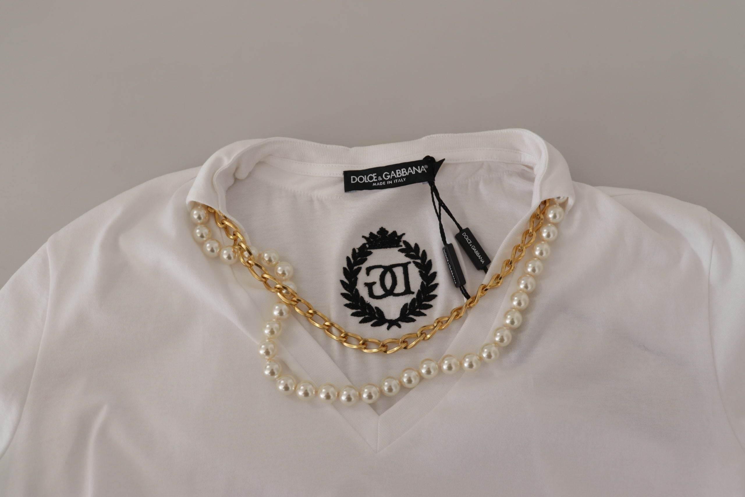 Dolce & Gabbana White Necklace Embellished Neckline T-shirt Top - Hilstor