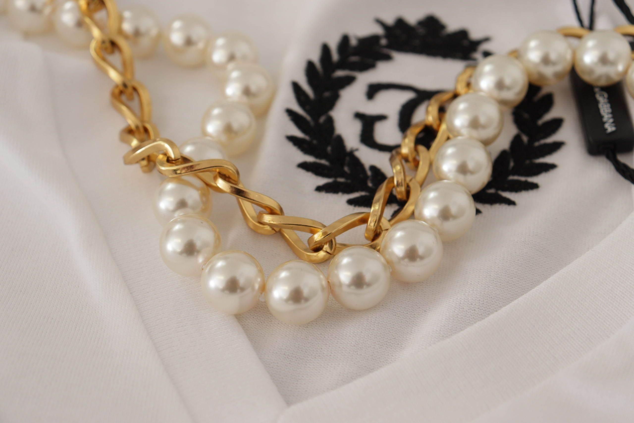 Dolce & Gabbana White Necklace Embellished Neckline T-shirt Top - Hilstor