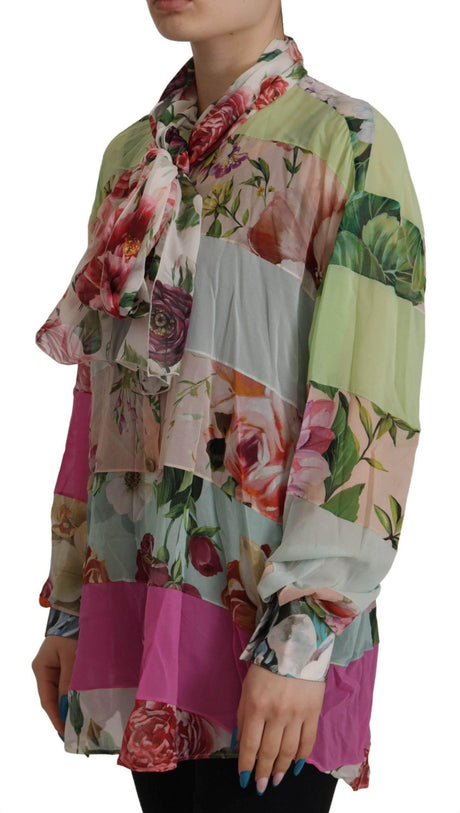 Dolce & Gabbana Multicolor Floral Patchwork Design Ascot Collar Top Blouse - Hilstor