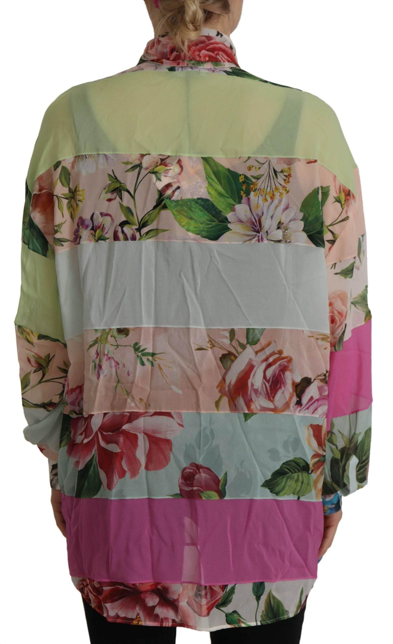 Dolce & Gabbana Multicolor Floral Patchwork Design Ascot Collar Top Blouse - Hilstor