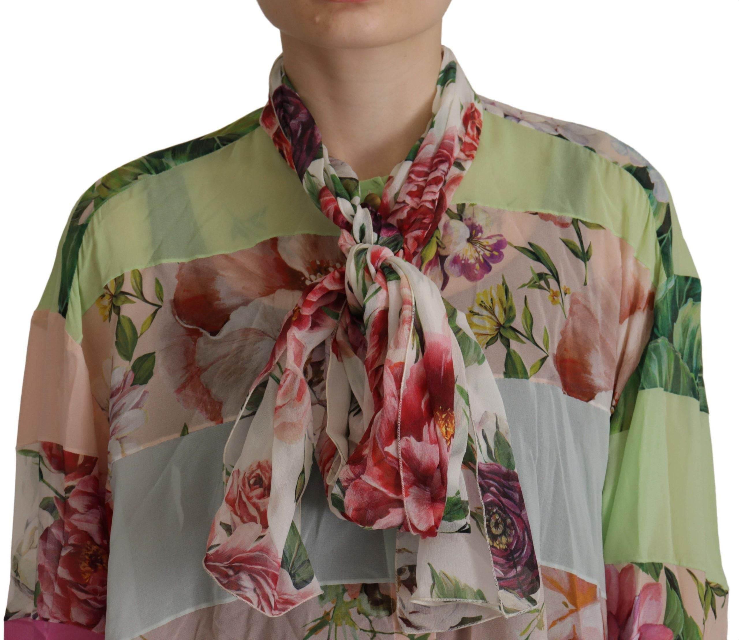 Dolce & Gabbana Multicolor Floral Patchwork Design Ascot Collar Top Blouse - Hilstor