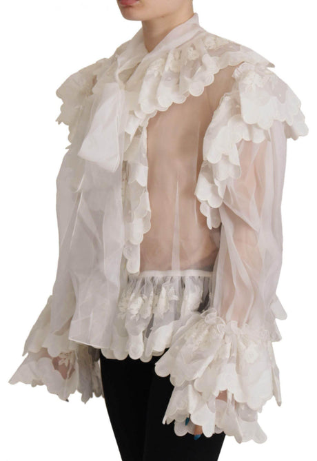 Dolce & Gabbana White Ruffles Lace Long Sleeve Blouse Top - Hilstor