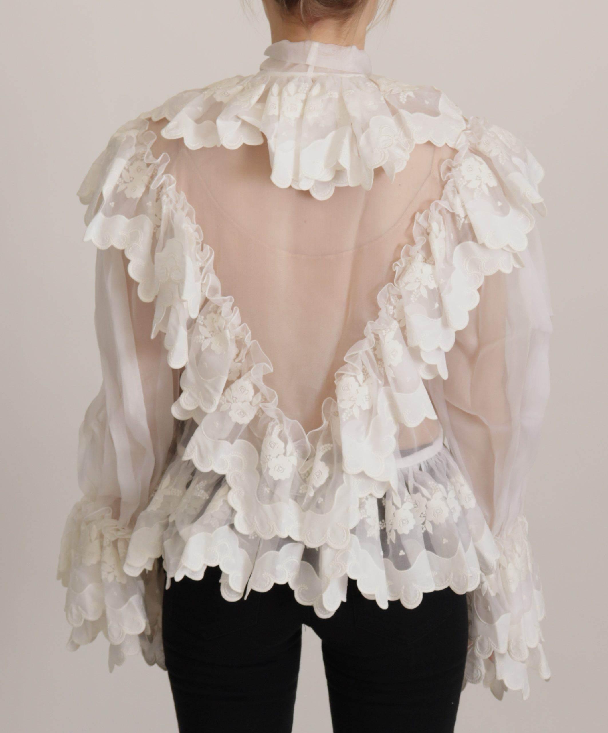 Dolce & Gabbana White Ruffles Lace Long Sleeve Blouse Top - Hilstor