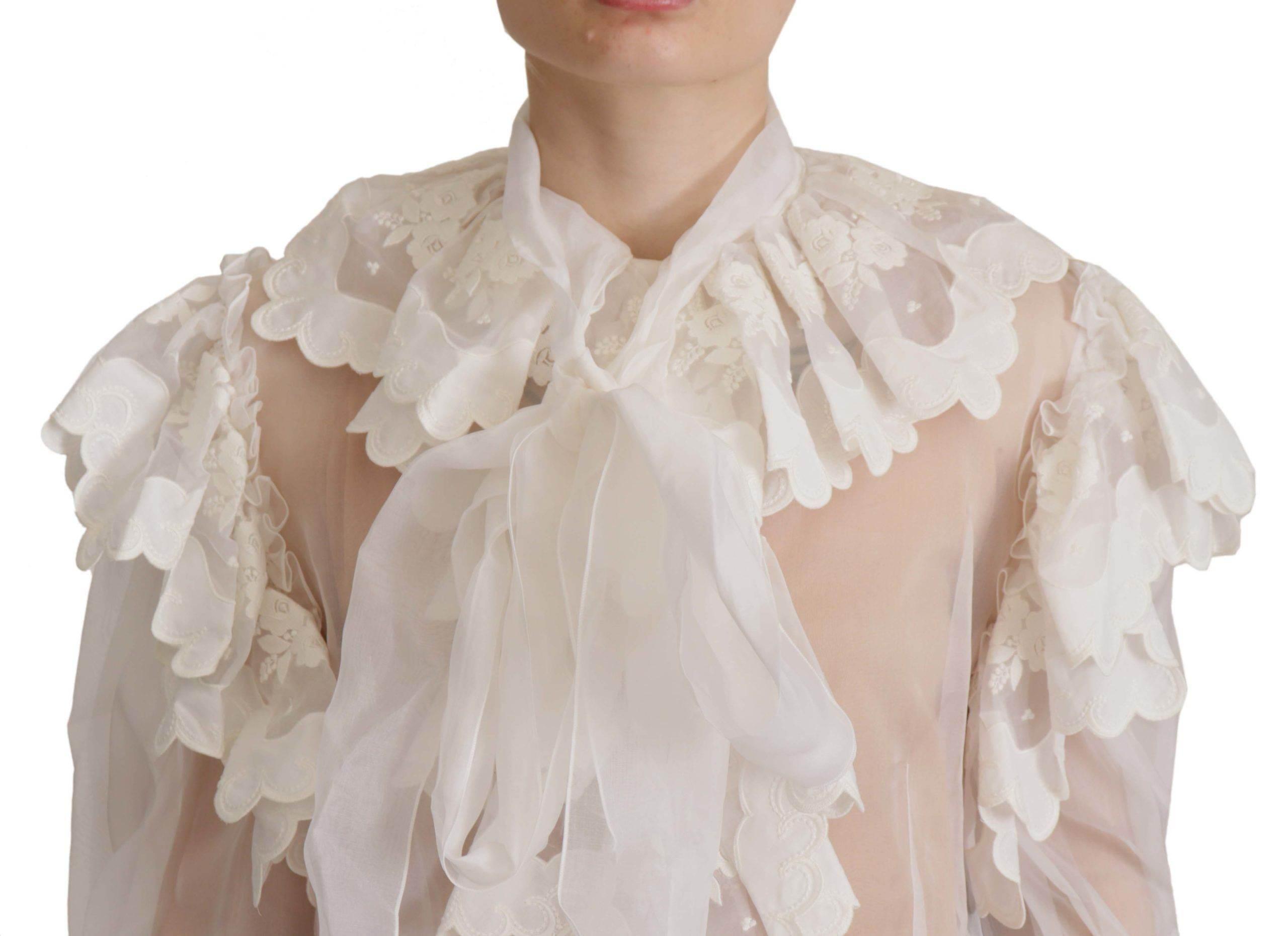 Dolce & Gabbana White Ruffles Lace Long Sleeve Blouse Top - Hilstor
