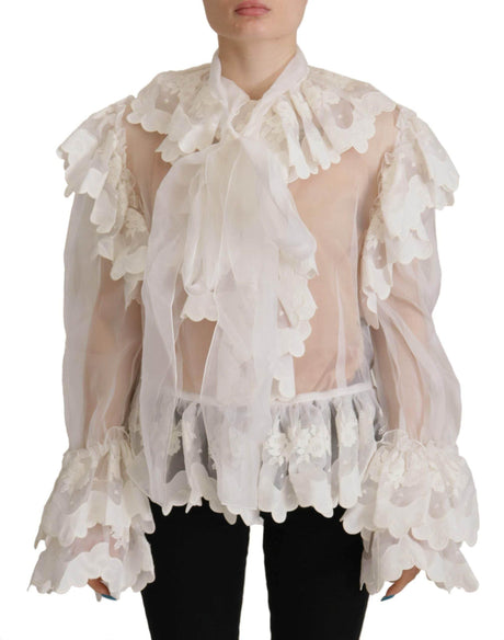 Dolce & Gabbana White Ruffles Lace Long Sleeve Blouse Top - Hilstor