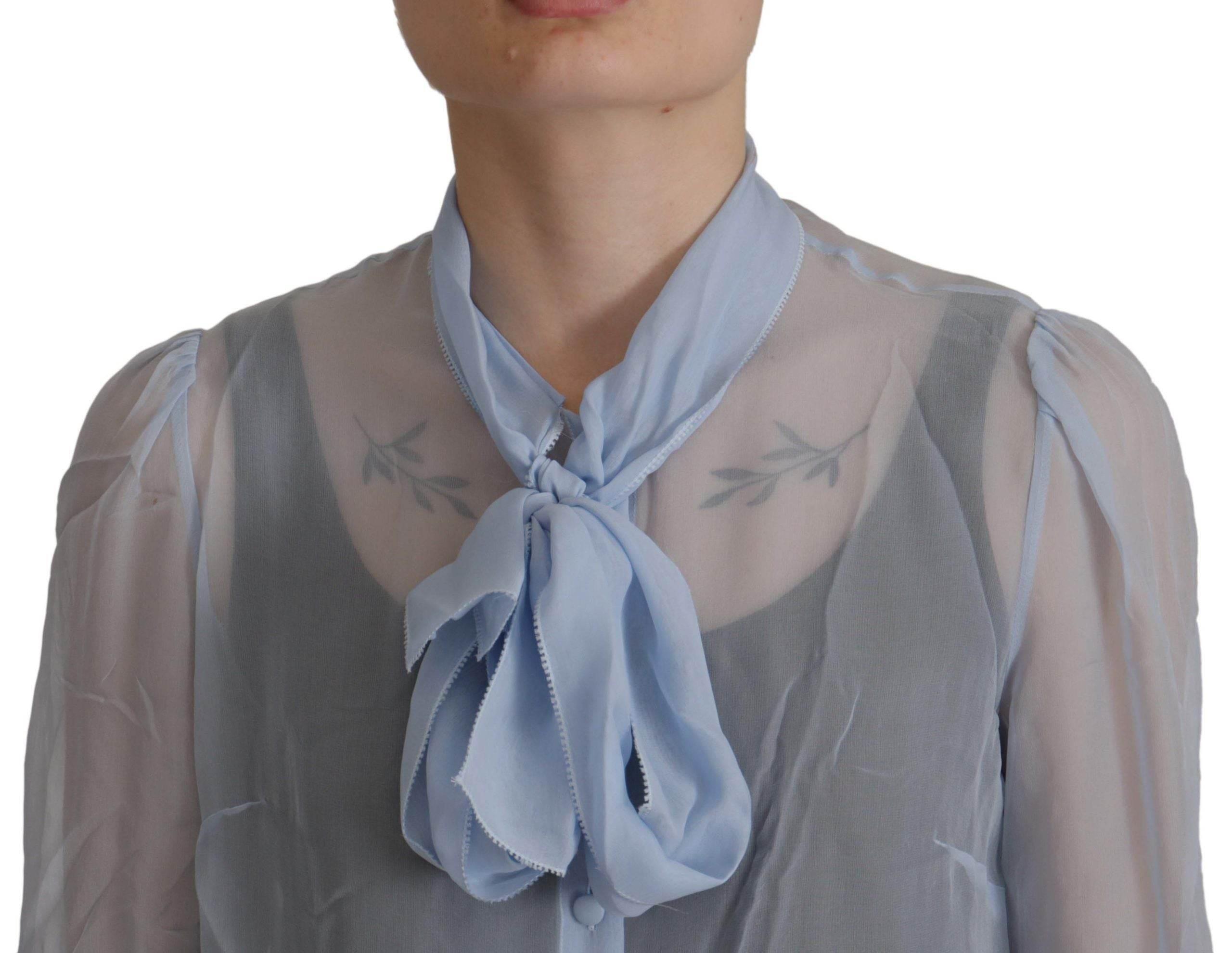 Dolce & Gabbana Light Blue Silk Ascot Collar Long Sleeves Top - Hilstor