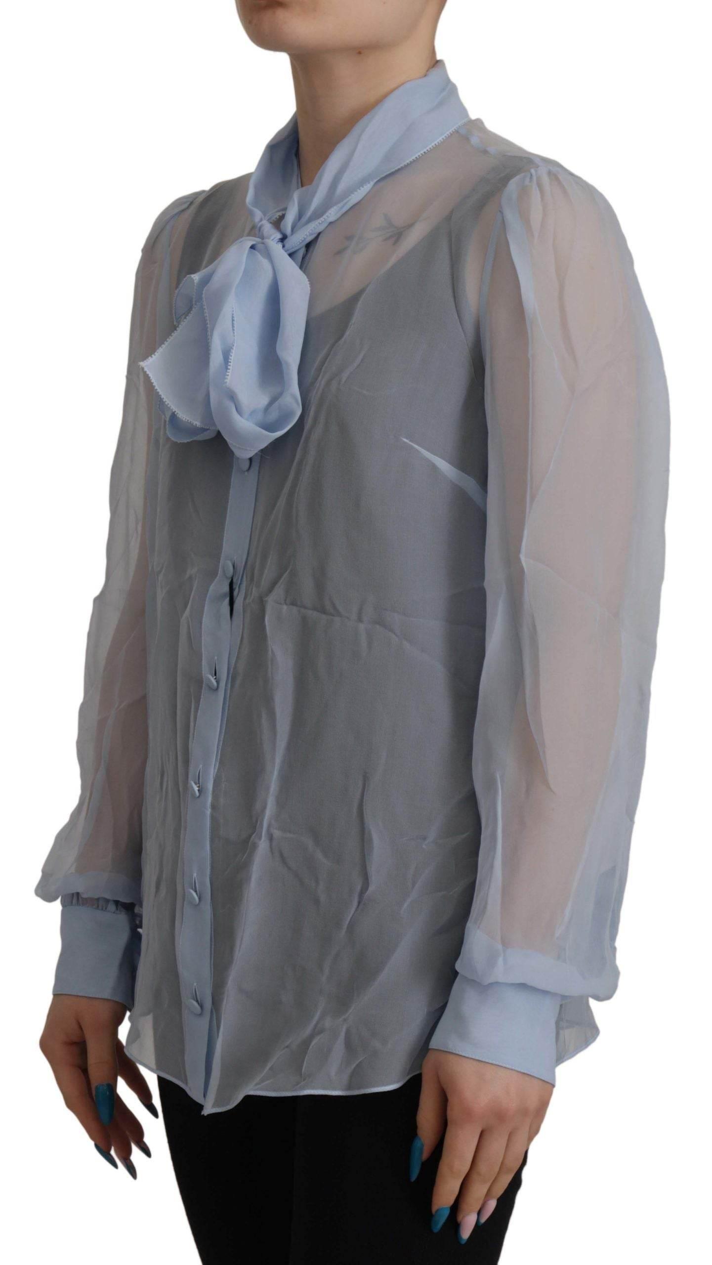 Dolce & Gabbana Light Blue Silk Ascot Collar Long Sleeves Top - Hilstor