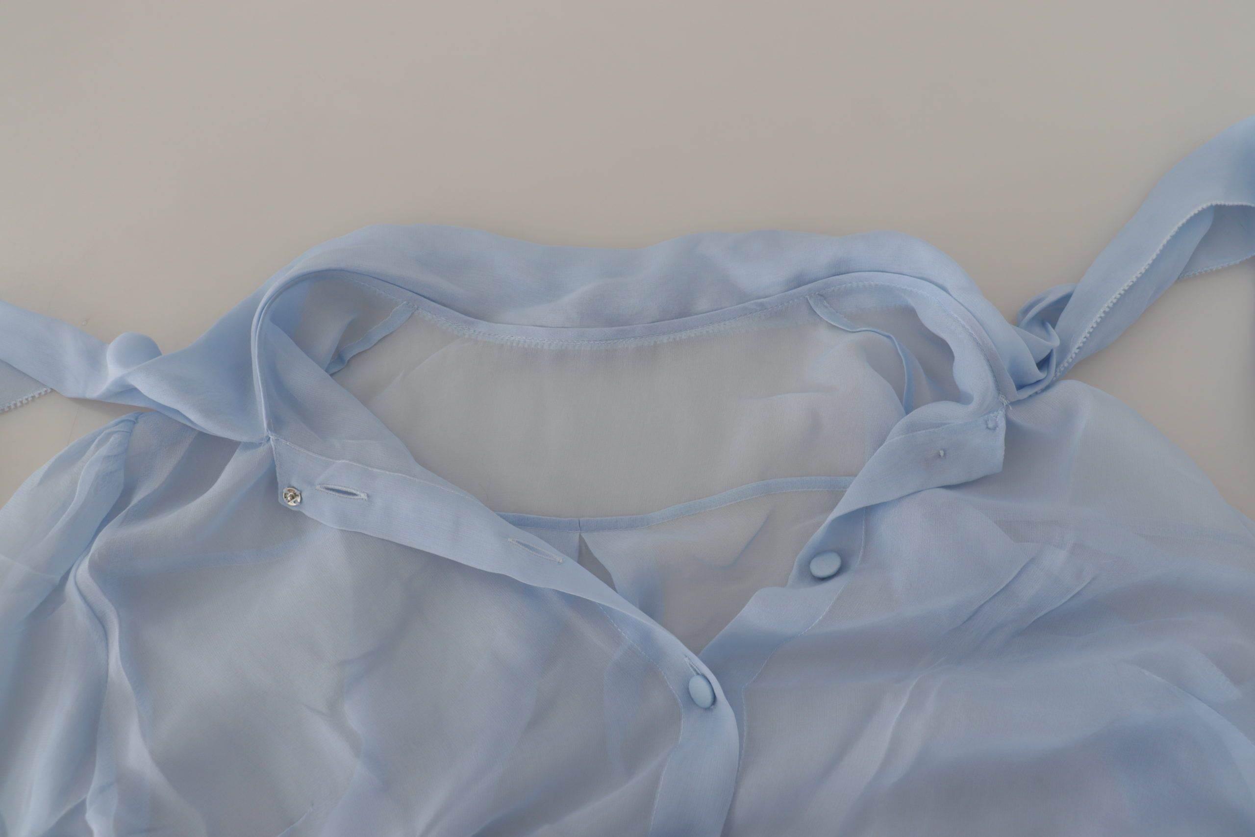 Dolce & Gabbana Light Blue Silk Ascot Collar Long Sleeves Top - Hilstor