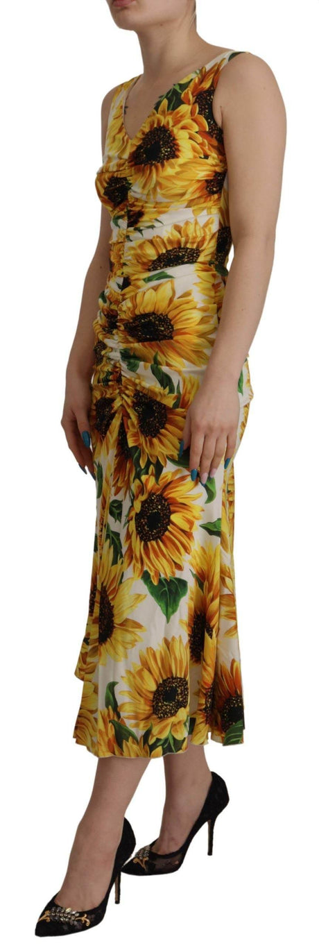 Dolce & Gabbana White Sunflower Print Sheath Midi Silk - Hilstor