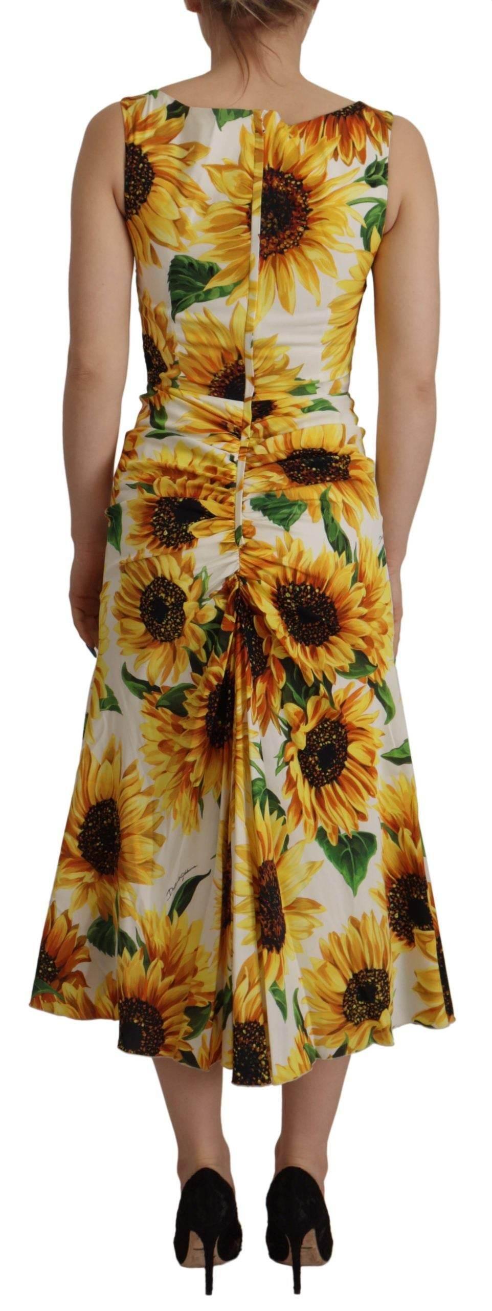 Dolce & Gabbana White Sunflower Print Sheath Midi Silk - Hilstor