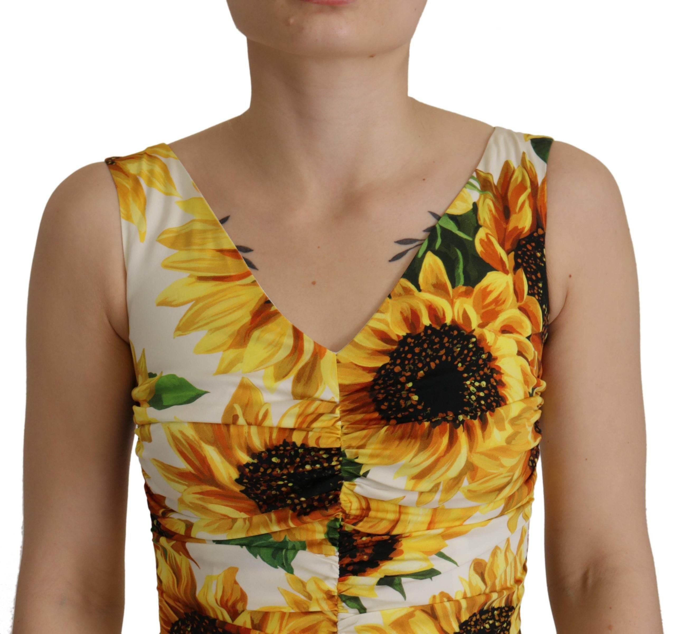 Dolce & Gabbana White Sunflower Print Sheath Midi Silk - Hilstor