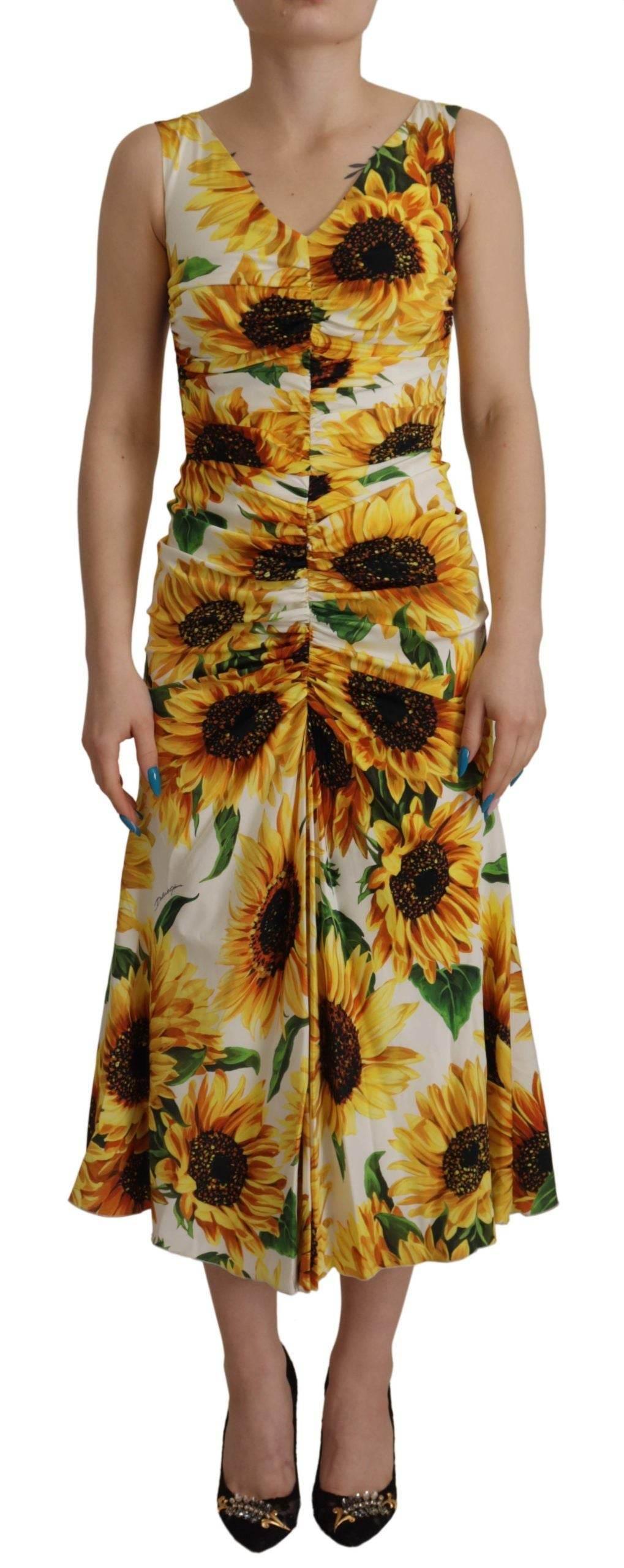 Dolce & Gabbana White Sunflower Print Sheath Midi Silk - Hilstor