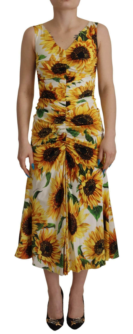 Dolce & Gabbana White Sunflower Print Sheath Midi Silk - Hilstor