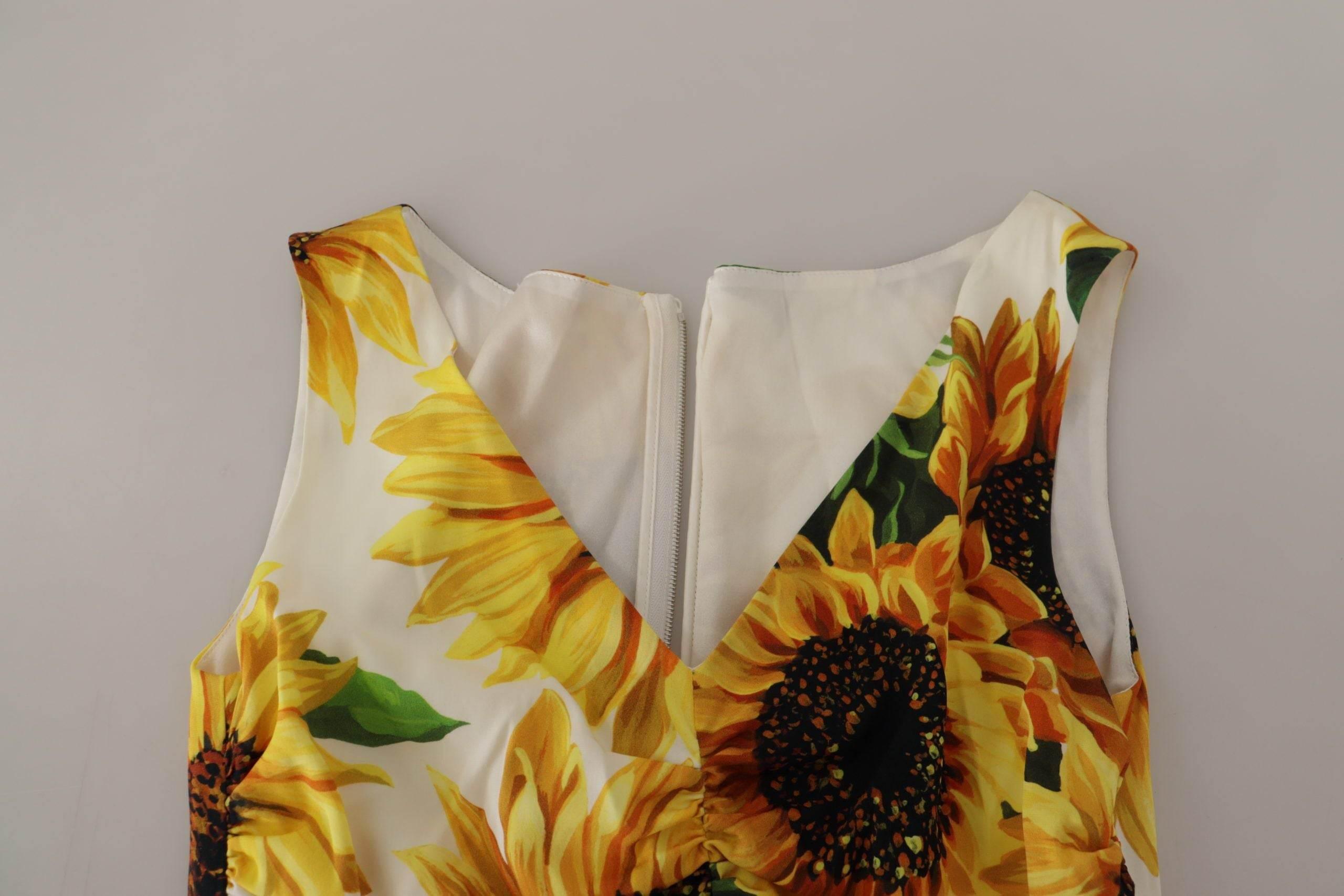 Dolce & Gabbana White Sunflower Print Sheath Midi Silk - Hilstor