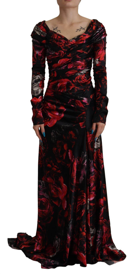 Dolce & Gabbana Black Floral Roses A-Line Sheath Gown Dress - Hilstor