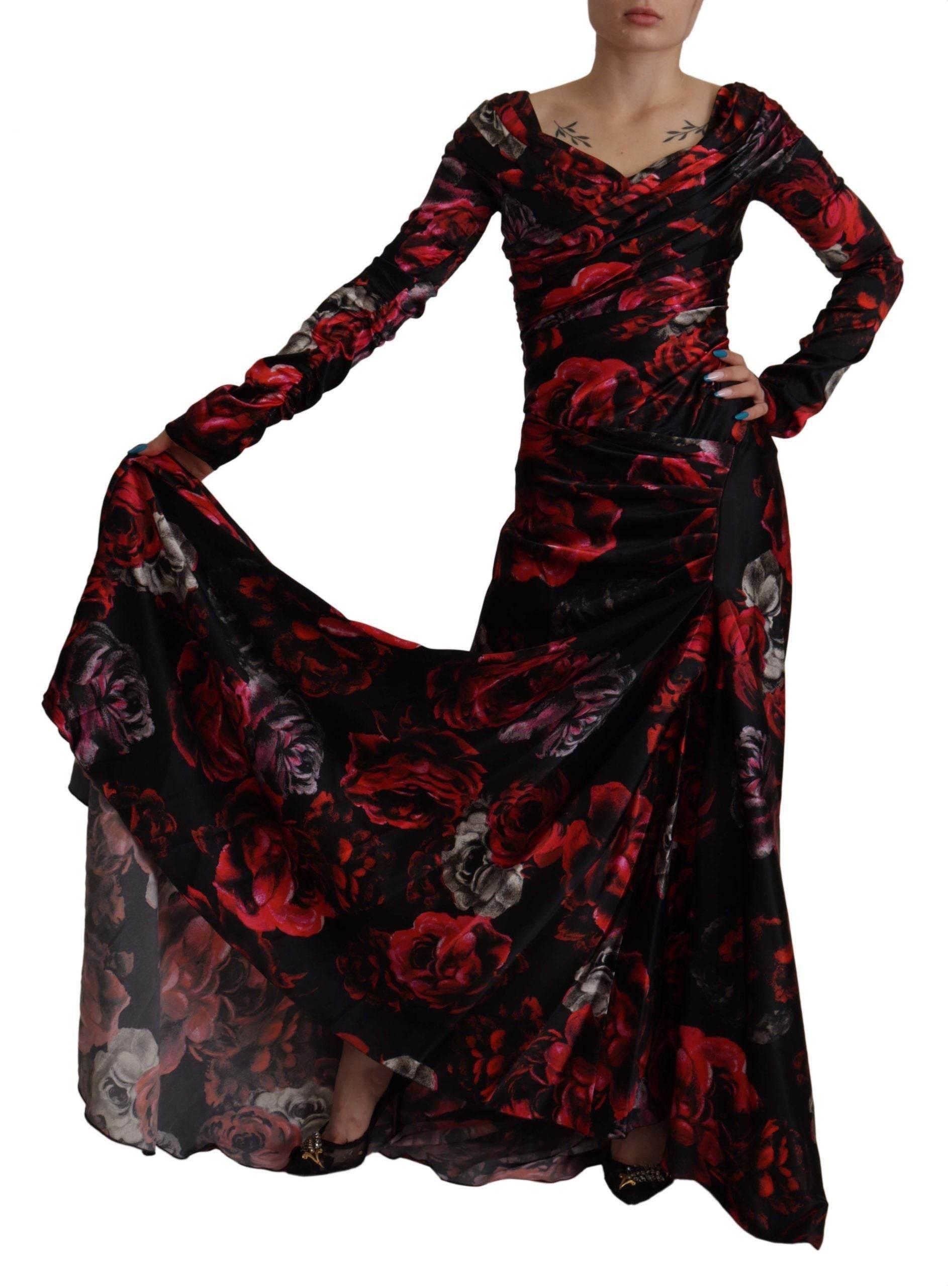 Dolce & Gabbana Black Floral Roses A-Line Sheath Gown Dress - Hilstor