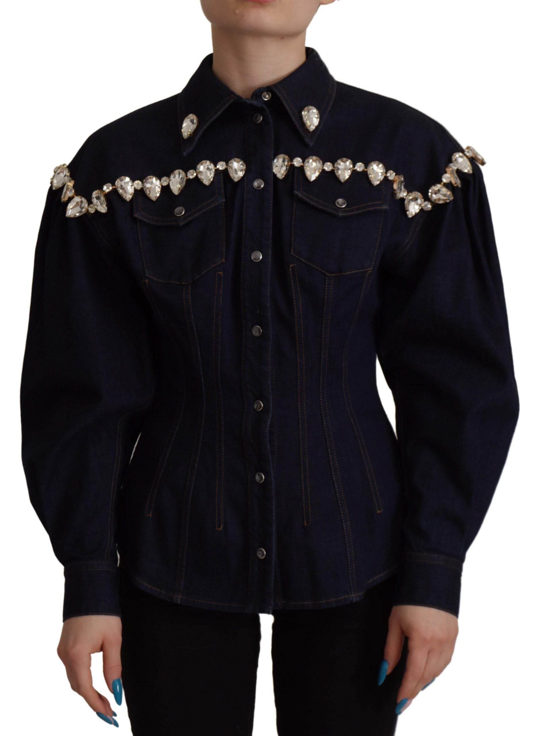 Dolce & Gabbana Blue Denim Crystal Embellish Cotton Jacket - Hilstor