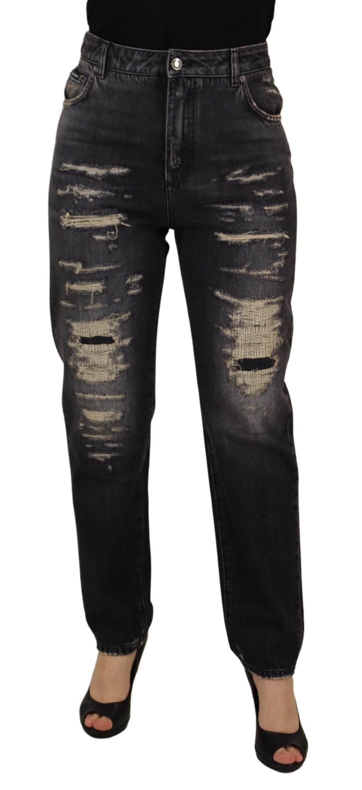 Dolce & Gabbana Black Washed Tattered High Waist Denim Jeans - Hilstor