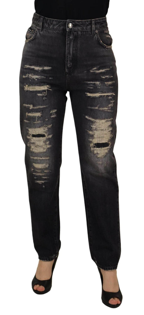 Dolce & Gabbana Black Washed Tattered High Waist Denim Jeans - Hilstor