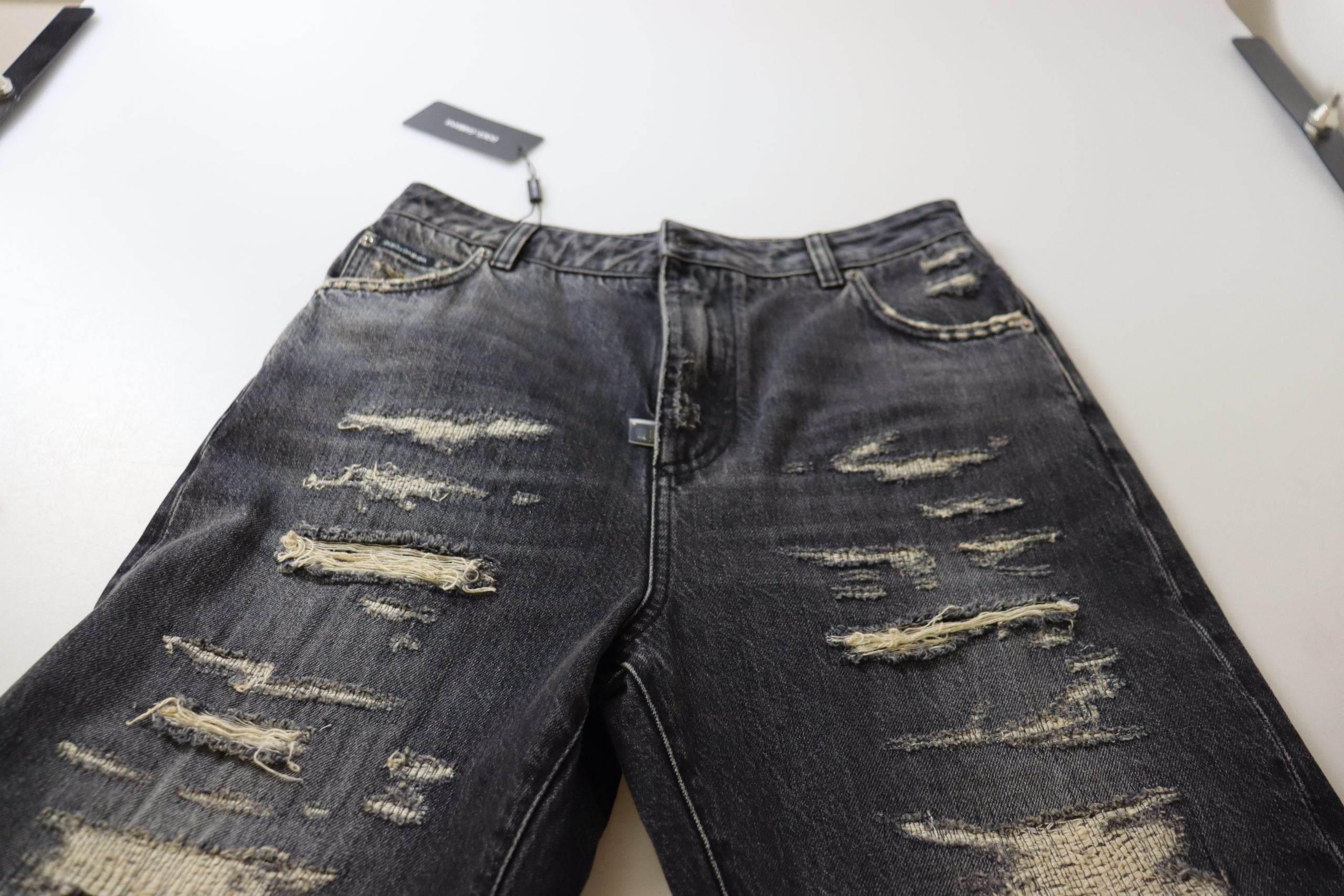 Dolce & Gabbana Black Washed Tattered High Waist Denim Jeans - Hilstor