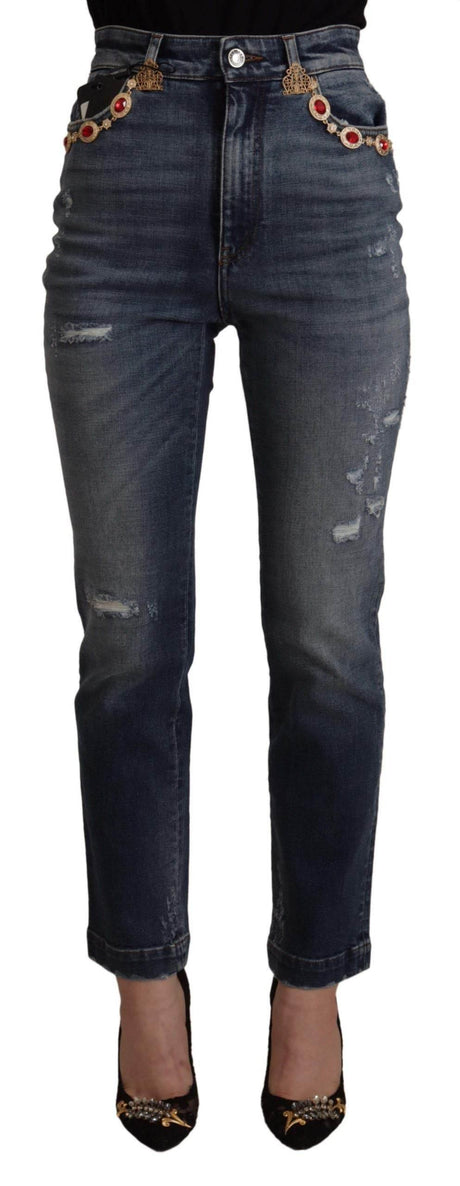 Dolce & Gabbana Blue Denim Crystal Embellished Pants Jeans - Hilstor