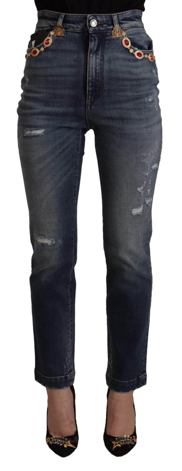 Dolce & Gabbana Blue Denim Crystal Embellished Pants Jeans - Hilstor