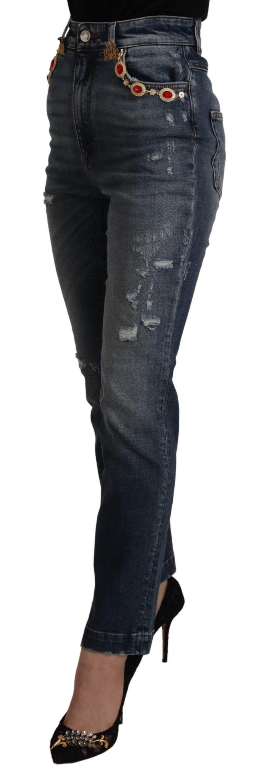 Dolce & Gabbana Blue Denim Crystal Embellished Pants Jeans - Hilstor