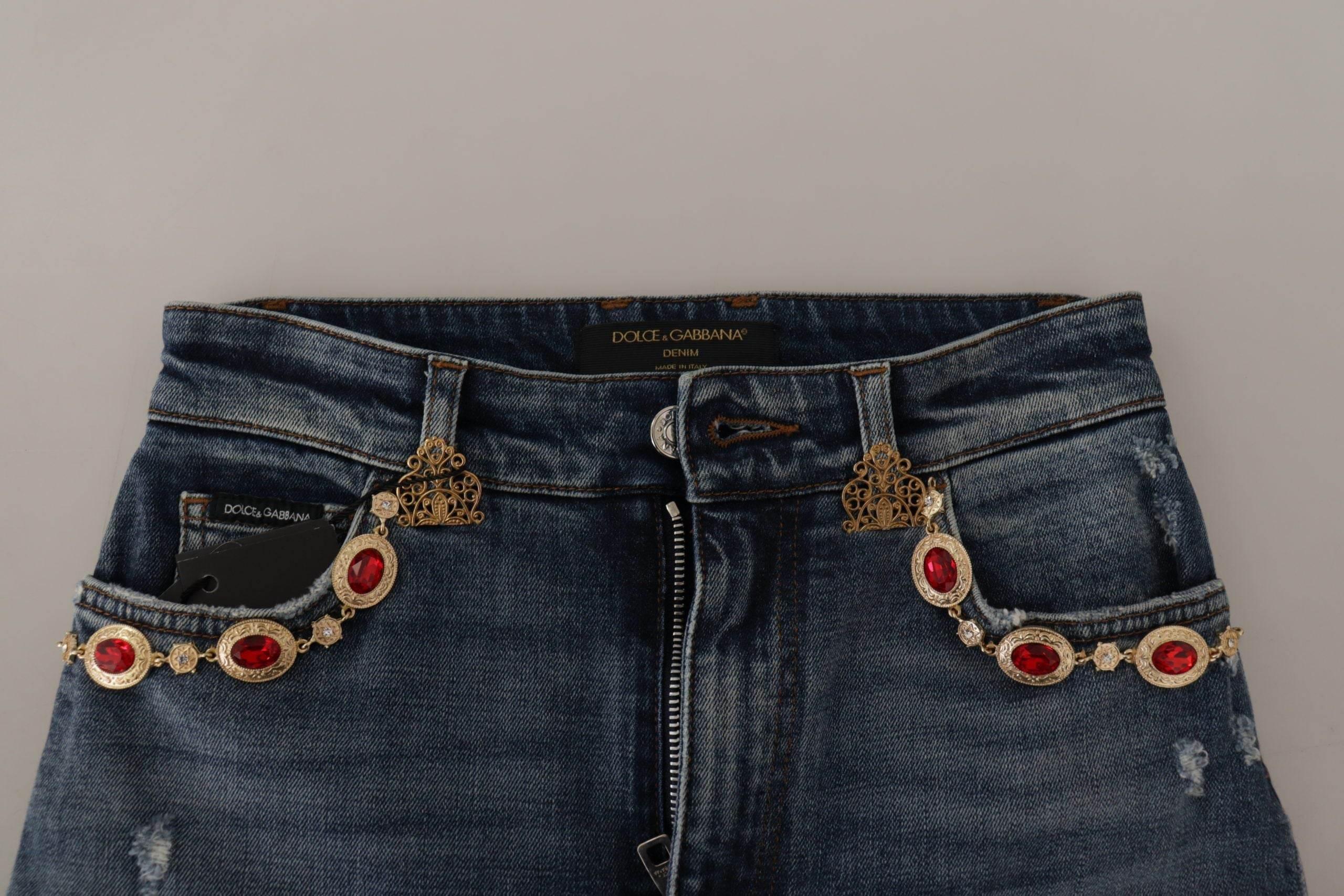 Dolce & Gabbana Blue Denim Crystal Embellished Pants Jeans - Hilstor