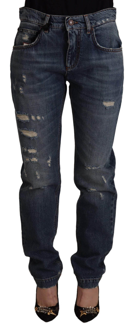 Dolce & Gabbana Blue Denim Baroque Heart Logo Patch Pants Jeans - Hilstor
