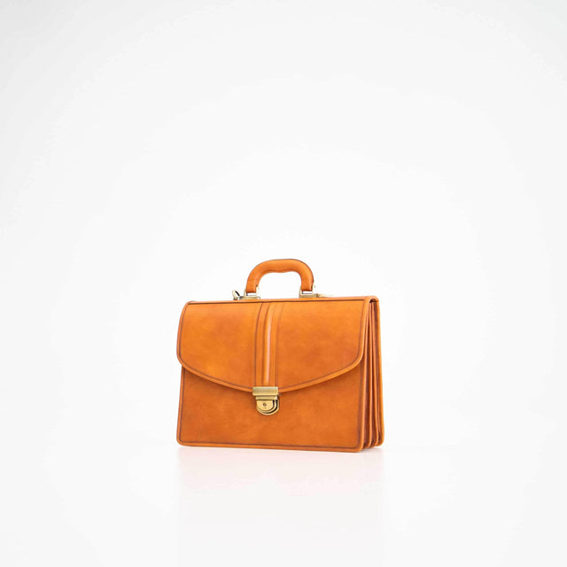 Briefcase No. 20 – Cognac, Genuine Leather with Three Gussets & Removable Strap, Handmade in Europe by Papillon - Hilstor