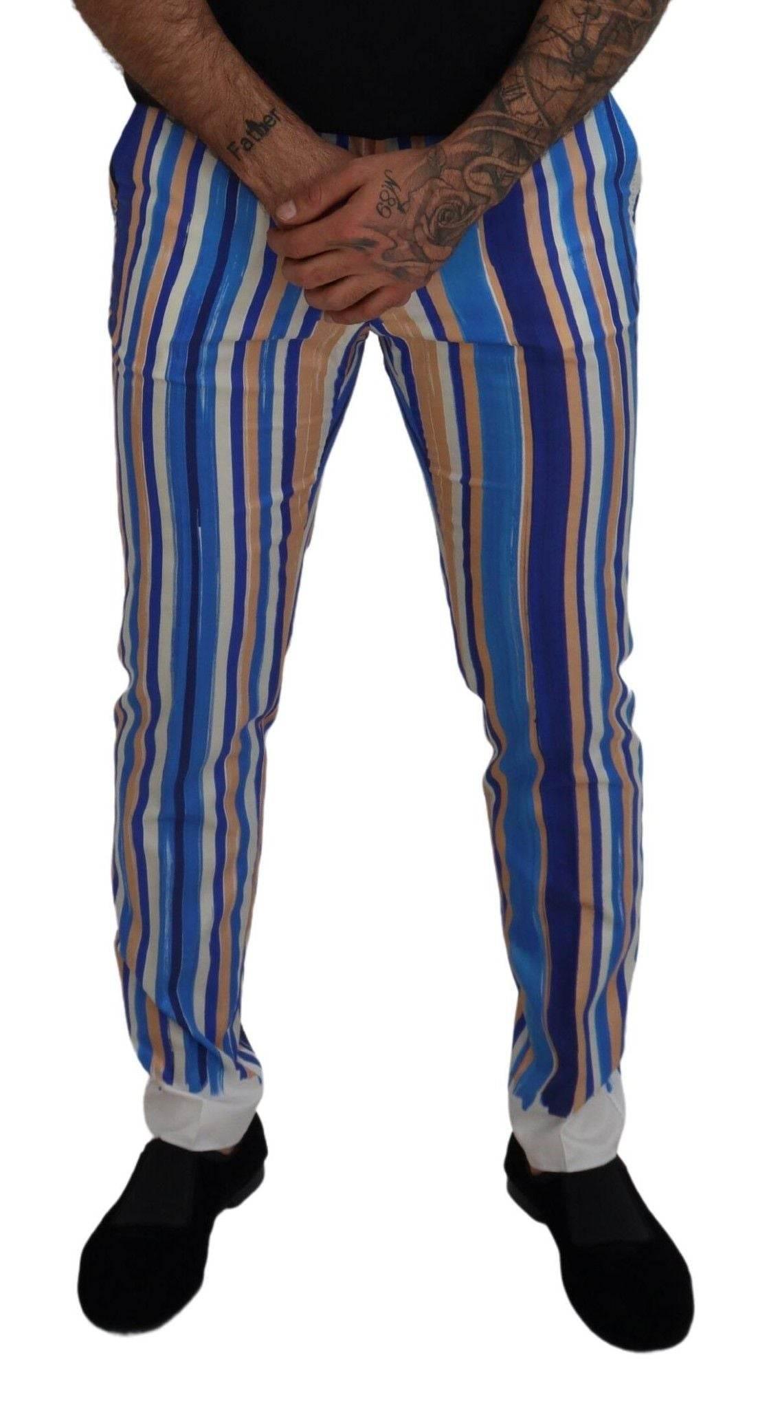 Dolce & Gabbana Blue Striped Silk Cotton Slim Trousers Pants - Hilstor
