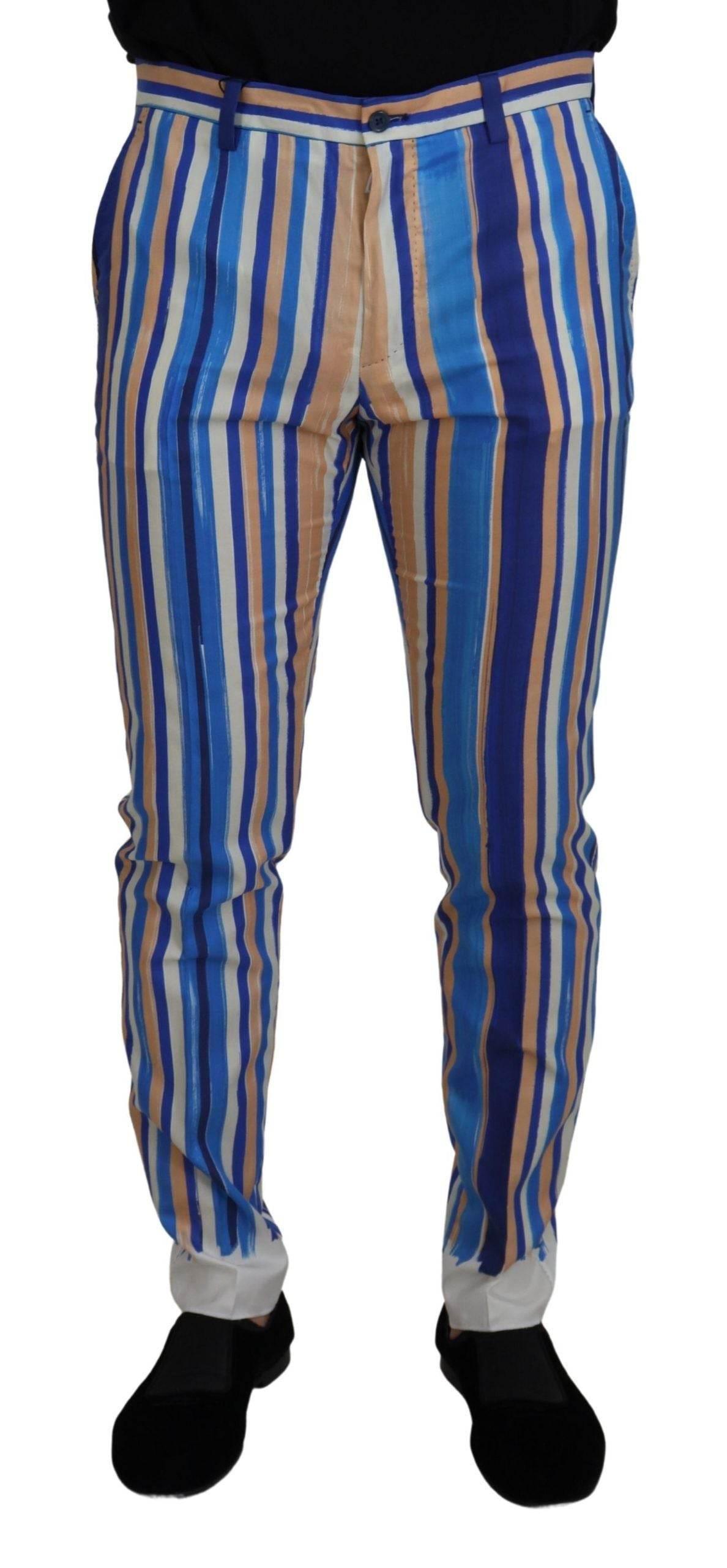 Dolce & Gabbana Blue Striped Silk Cotton Slim Trousers Pants - Hilstor